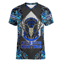 Wild Deer Hunting Women V Neck T Shirt Skull Blue Art - Wonder Print Shop