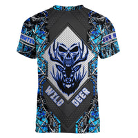 Wild Deer Hunting Women V Neck T Shirt Skull Blue Art - Wonder Print Shop