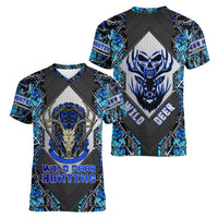 Wild Deer Hunting Women V Neck T Shirt Skull Blue Art - Wonder Print Shop