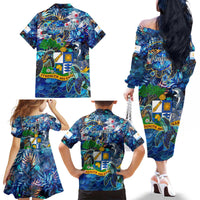 Anguilla Family Matching Off The Shoulder Long Sleeve Dress and Hawaiian Shirt