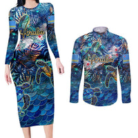 Aruba Couples Matching Long Sleeve Bodycon Dress and Long Sleeve Button Shirt Sea Turtle Tropical Pattern