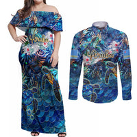 Aruba Couples Matching Off Shoulder Maxi Dress and Long Sleeve Button Shirt Sea Turtle Tropical Pattern