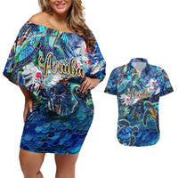 Aruba Couples Matching Off Shoulder Short Dress and Hawaiian Shirt Sea Turtle Tropical Pattern