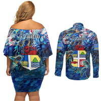 Aruba Couples Matching Off Shoulder Short Dress and Long Sleeve Button Shirt Sea Turtle Tropical Pattern