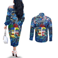 Aruba Couples Matching Off The Shoulder Long Sleeve Dress and Long Sleeve Button Shirt Sea Turtle Tropical Pattern