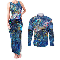 Aruba Couples Matching Tank Maxi Dress and Long Sleeve Button Shirt Sea Turtle Tropical Pattern