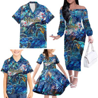 Aruba Family Matching Off The Shoulder Long Sleeve Dress and Hawaiian Shirt Sea Turtle Tropical Pattern
