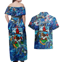 Bermuda Couples Matching Off Shoulder Maxi Dress and Hawaiian Shirt Sea Turtle Tropical Pattern