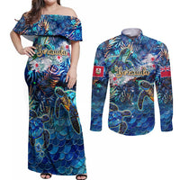 Bermuda Couples Matching Off Shoulder Maxi Dress and Long Sleeve Button Shirt Sea Turtle Tropical Pattern