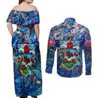 Bermuda Couples Matching Off Shoulder Maxi Dress and Long Sleeve Button Shirt Sea Turtle Tropical Pattern