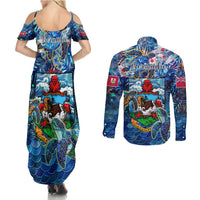 Bermuda Couples Matching Summer Maxi Dress and Long Sleeve Button Shirt Sea Turtle Tropical Pattern