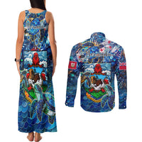 Bermuda Couples Matching Tank Maxi Dress and Long Sleeve Button Shirt Sea Turtle Tropical Pattern