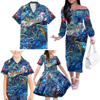 Bermuda Family Matching Off The Shoulder Long Sleeve Dress and Hawaiian Shirt Sea Turtle Tropical Pattern