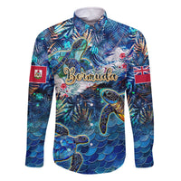 Bermuda Family Matching Off The Shoulder Long Sleeve Dress and Hawaiian Shirt Sea Turtle Tropical Pattern