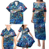 Bermuda Family Matching Puletasi and Hawaiian Shirt Sea Turtle Tropical Pattern