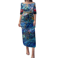 Bermuda Family Matching Puletasi and Hawaiian Shirt Sea Turtle Tropical Pattern