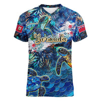 Bermuda Women V-Neck T-Shirt Sea Turtle Tropical Pattern - Wonder Print Shop
