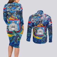Sint Maarten Couples Matching Long Sleeve Bodycon Dress and Long Sleeve Button Shirt Sea Turtle Tropical Pattern