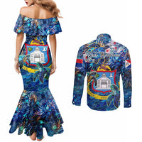Sint Maarten Couples Matching Mermaid Dress and Long Sleeve Button Shirt Sea Turtle Tropical Pattern