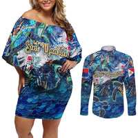 Sint Maarten Couples Matching Off Shoulder Short Dress and Long Sleeve Button Shirt Sea Turtle Tropical Pattern