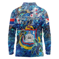 Sint Maarten Long Sleeve Polo Shirt Sea Turtle Tropical Pattern - Wonder Print Shop