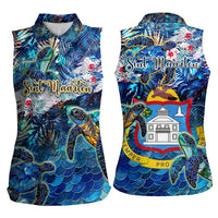 Sint Maarten Women Sleeveless Polo Shirt Sea Turtle Tropical Pattern - Wonder Print Shop