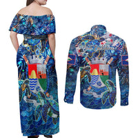 Sint Eustatius Couples Matching Off Shoulder Maxi Dress and Long Sleeve Button Shirt Sea Turtle Tropical Pattern