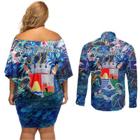 Sint Eustatius Couples Matching Off Shoulder Short Dress and Long Sleeve Button Shirt Sea Turtle Tropical Pattern