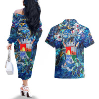 Sint Eustatius Couples Matching Off The Shoulder Long Sleeve Dress and Hawaiian Shirt Sea Turtle Tropical Pattern
