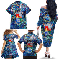 Sint Eustatius Family Matching Off The Shoulder Long Sleeve Dress and Hawaiian Shirt Sea Turtle Tropical Pattern