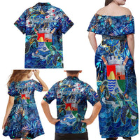 Sint Eustatius Family Matching Off Shoulder Maxi Dress and Hawaiian Shirt Sea Turtle Tropical Pattern