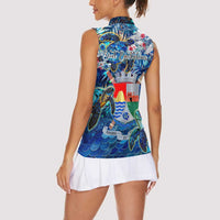 Sint Eustatius Women Sleeveless Polo Shirt Sea Turtle Tropical Pattern - Wonder Print Shop