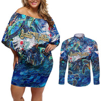 Saint Martin Couples Matching Off Shoulder Short Dress and Long Sleeve Button Shirt Sea Turtle Tropical Pattern