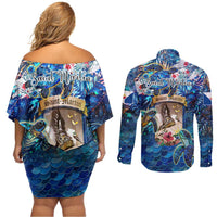 Saint Martin Couples Matching Off Shoulder Short Dress and Long Sleeve Button Shirt Sea Turtle Tropical Pattern