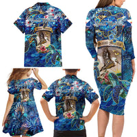 Saint Martin Family Matching Long Sleeve Bodycon Dress and Hawaiian Shirt Sea Turtle Tropical Pattern