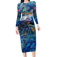 Saint Barthelemy Family Matching Long Sleeve Bodycon Dress and Hawaiian Shirt Sea Turtle Tropical Pattern