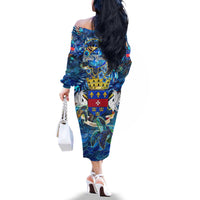 Saint Barthelemy Family Matching Off The Shoulder Long Sleeve Dress and Hawaiian Shirt Sea Turtle Tropical Pattern