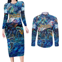 San Andres and Providencia Couples Matching Long Sleeve Bodycon Dress and Long Sleeve Button Shirt Sea Turtle Tropical Pattern
