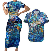 San Andres and Providencia Couples Matching Short Sleeve Bodycon Dress and Hawaiian Shirt Sea Turtle Tropical Pattern