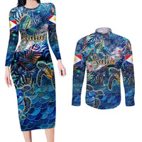Saba Couples Matching Long Sleeve Bodycon Dress and Long Sleeve Button Shirt Sea Turtle Tropical Pattern