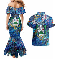 Saba Couples Matching Mermaid Dress and Hawaiian Shirt Sea Turtle Tropical Pattern