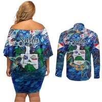 Saba Couples Matching Off Shoulder Short Dress and Long Sleeve Button Shirt Sea Turtle Tropical Pattern