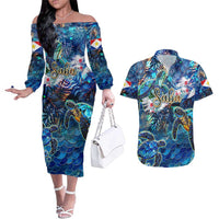 Saba Couples Matching Off The Shoulder Long Sleeve Dress and Hawaiian Shirt Sea Turtle Tropical Pattern