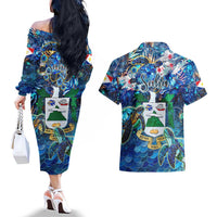 Saba Couples Matching Off The Shoulder Long Sleeve Dress and Hawaiian Shirt Sea Turtle Tropical Pattern