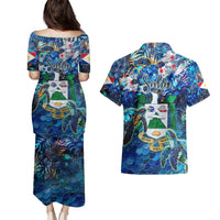 Saba Couples Matching Puletasi and Hawaiian Shirt Sea Turtle Tropical Pattern