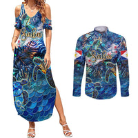 Saba Couples Matching Summer Maxi Dress and Long Sleeve Button Shirt Sea Turtle Tropical Pattern