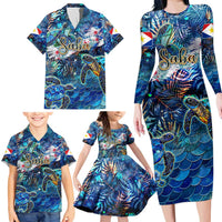 Saba Family Matching Long Sleeve Bodycon Dress and Hawaiian Shirt Sea Turtle Tropical Pattern