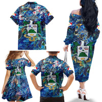 Saba Family Matching Off The Shoulder Long Sleeve Dress and Hawaiian Shirt Sea Turtle Tropical Pattern