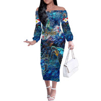 Saba Family Matching Off The Shoulder Long Sleeve Dress and Hawaiian Shirt Sea Turtle Tropical Pattern
