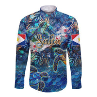 Saba Long Sleeve Button Shirt Sea Turtle Tropical Pattern